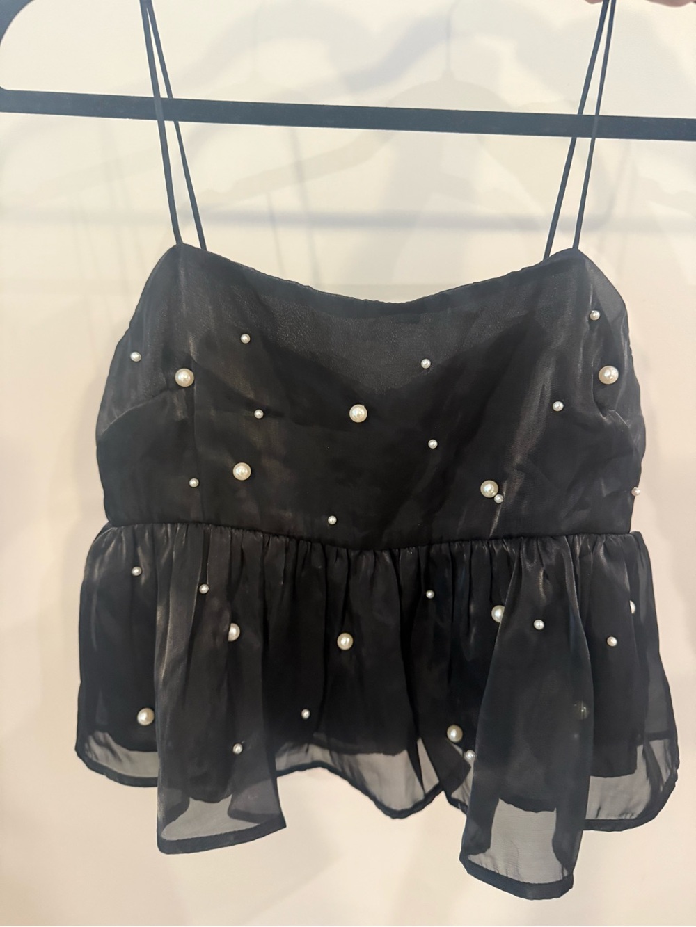 Black Pearl-Embellished Spaghetti Strap Peplum Babydoll Top